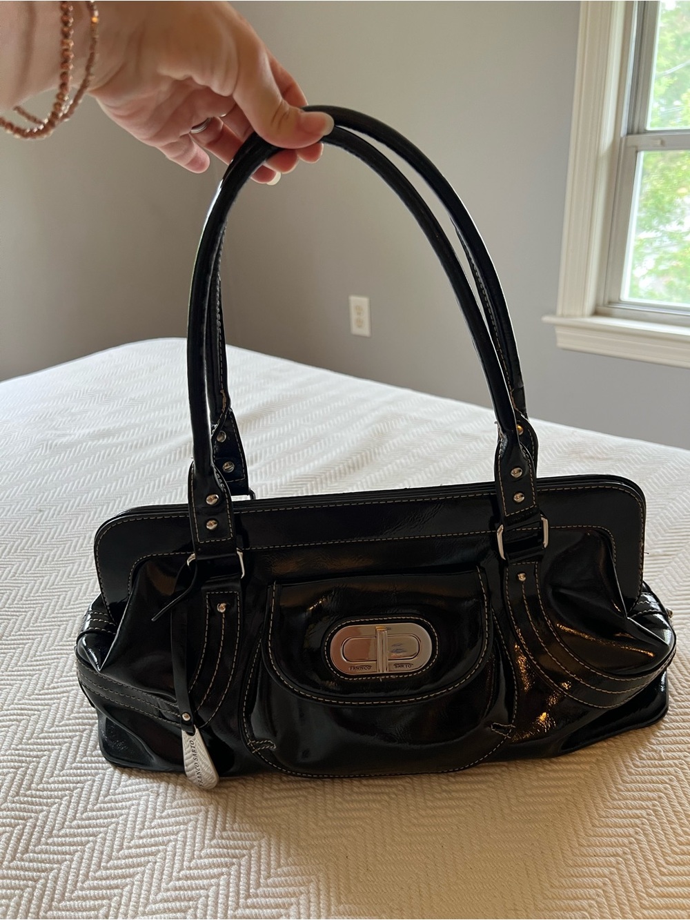Franco Sarto Black Patent-Finish Satchel Bag